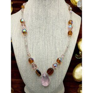Vintage Beaded Necklace Pink Teardrop Pendant Statement Iridescent Beads Boho